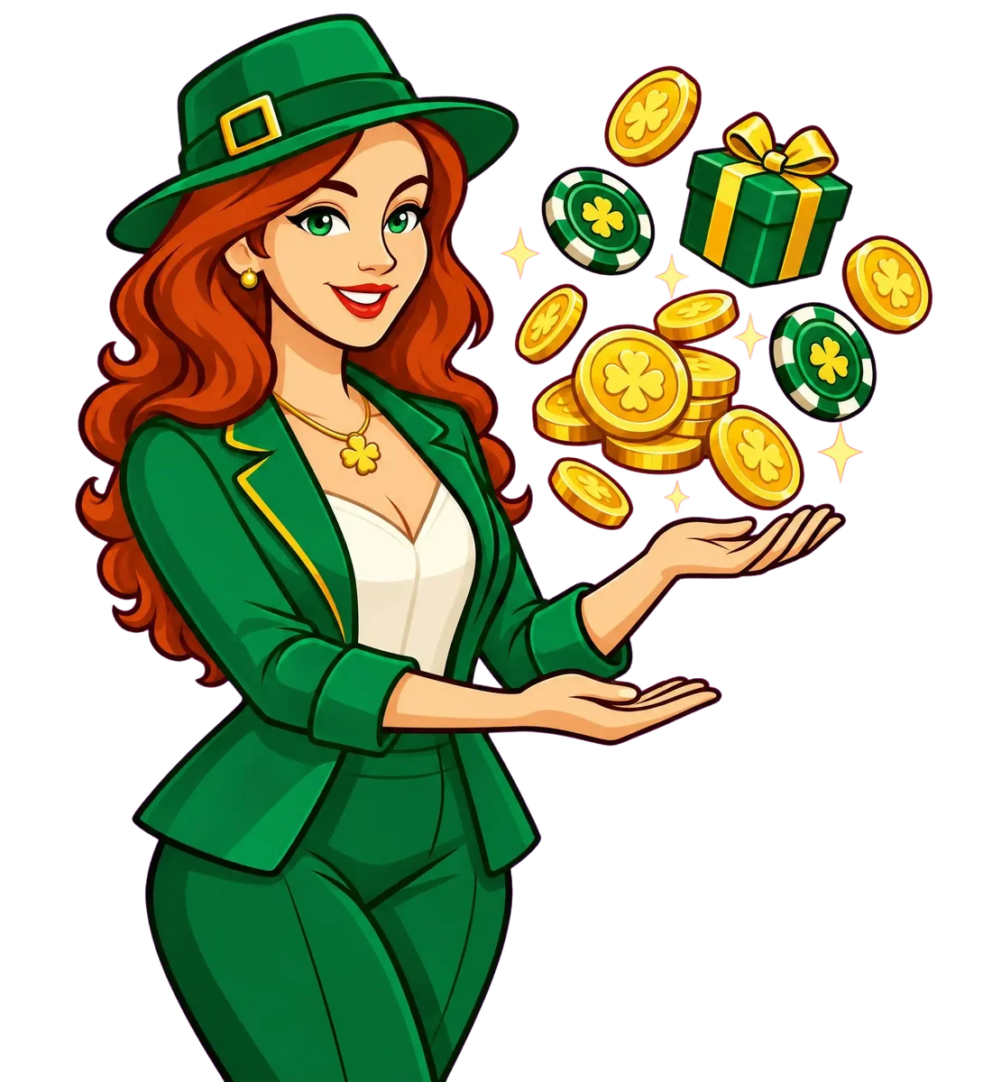 Lucky Mary presenting coins, chips and a gift