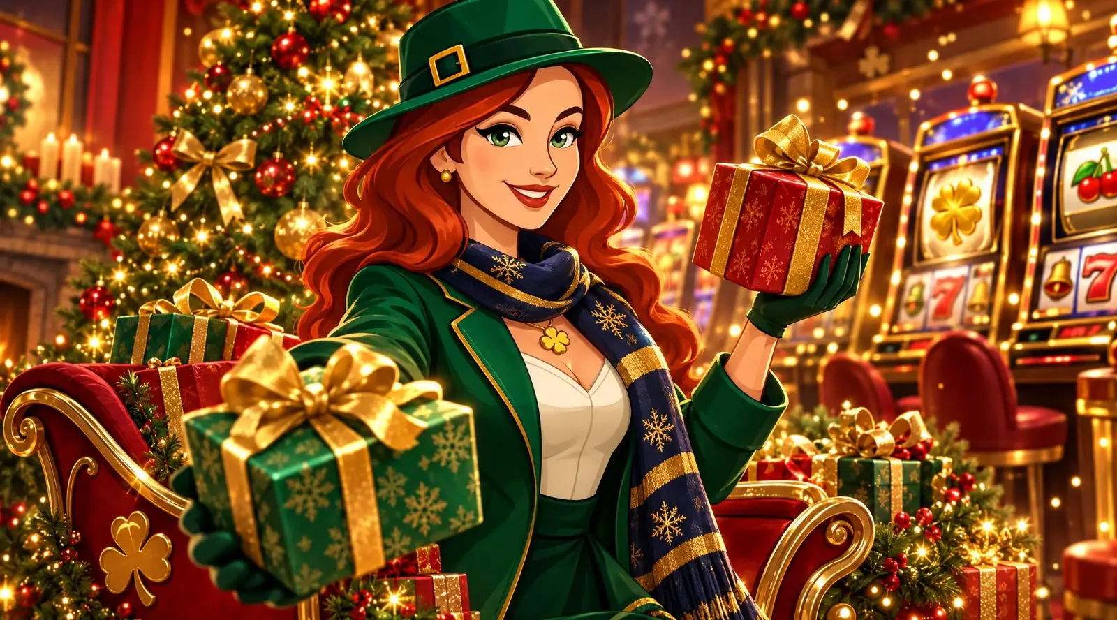 Lucky Mary with gifts beside a glowing Christmas tree