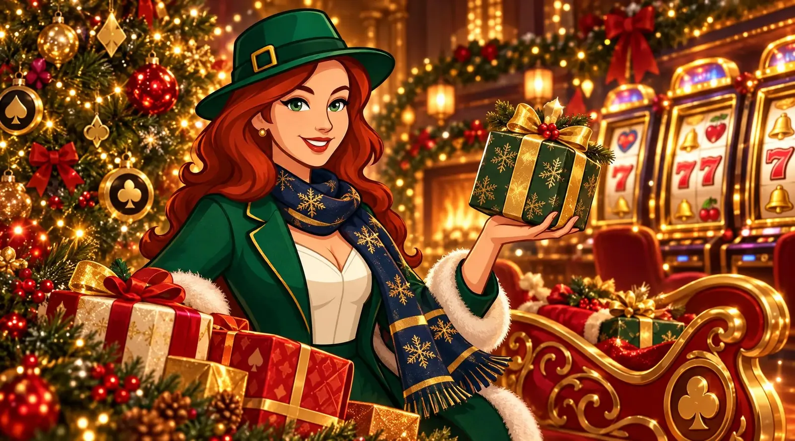 Lucky Mary holding a wrapped gift among festive slot machines
