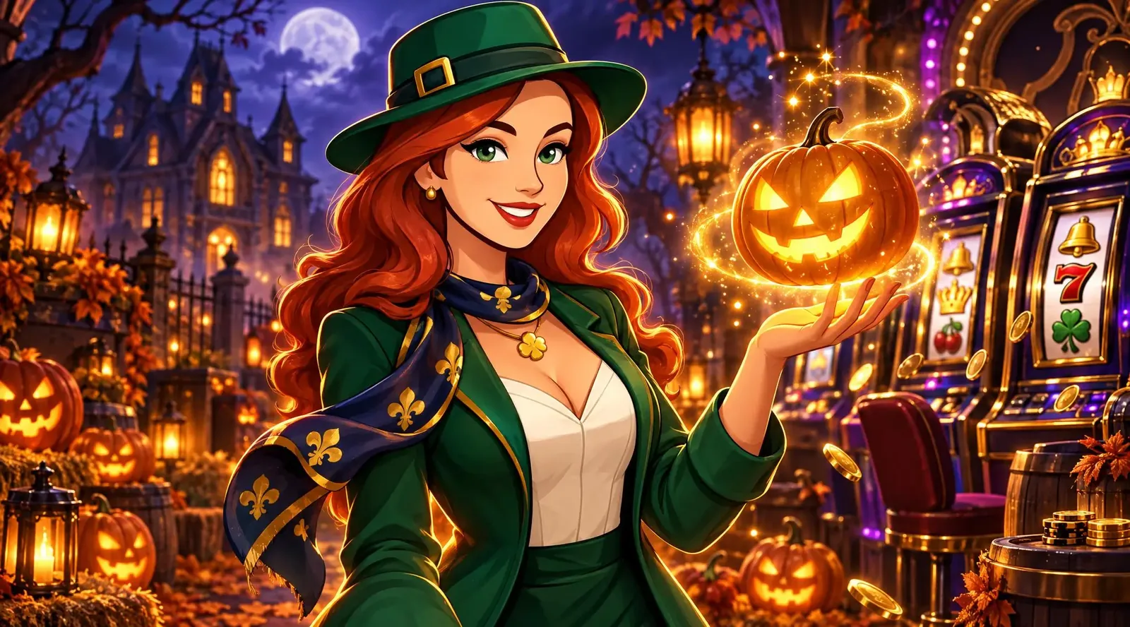 Lucky Mary holding a glowing pumpkin under the Halloween moon