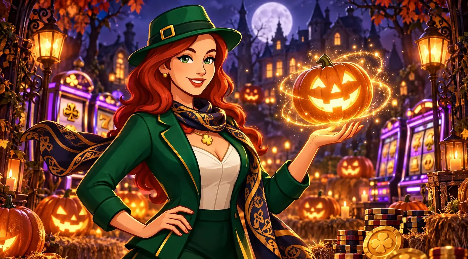 Lucky Mary with a carved pumpkin beside Halloween slot machines