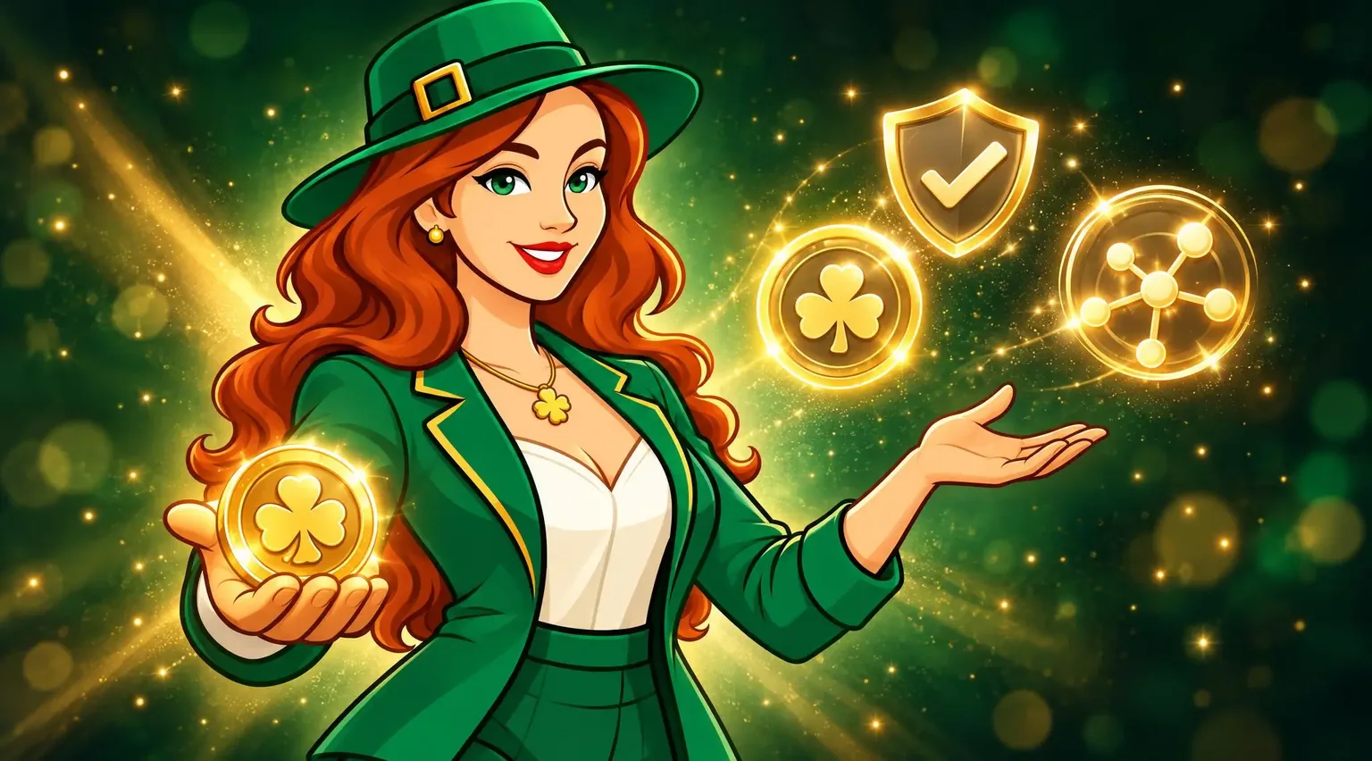 Lucky Mary holding up a gold clover coin